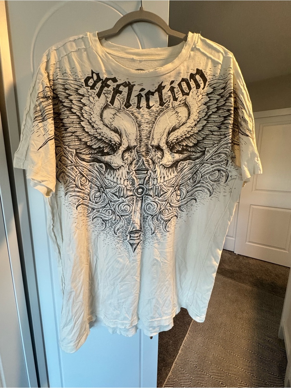 Affliction Cream Short Sleeve Tee with Black Winged Skull Graphic